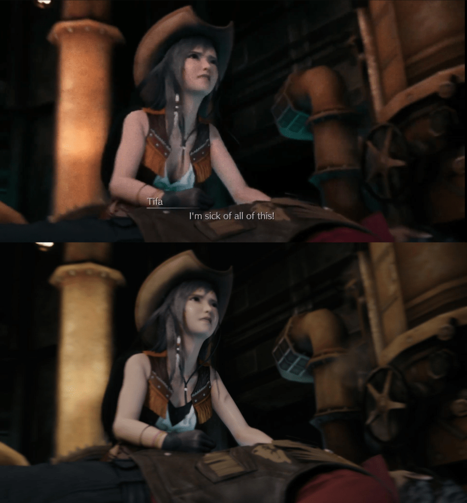 A comparison between Tifa Lockhart’s (Britt Baron) original and censored cowgirl outfit in Final Fantasy VII Remake (2020), Square Enix